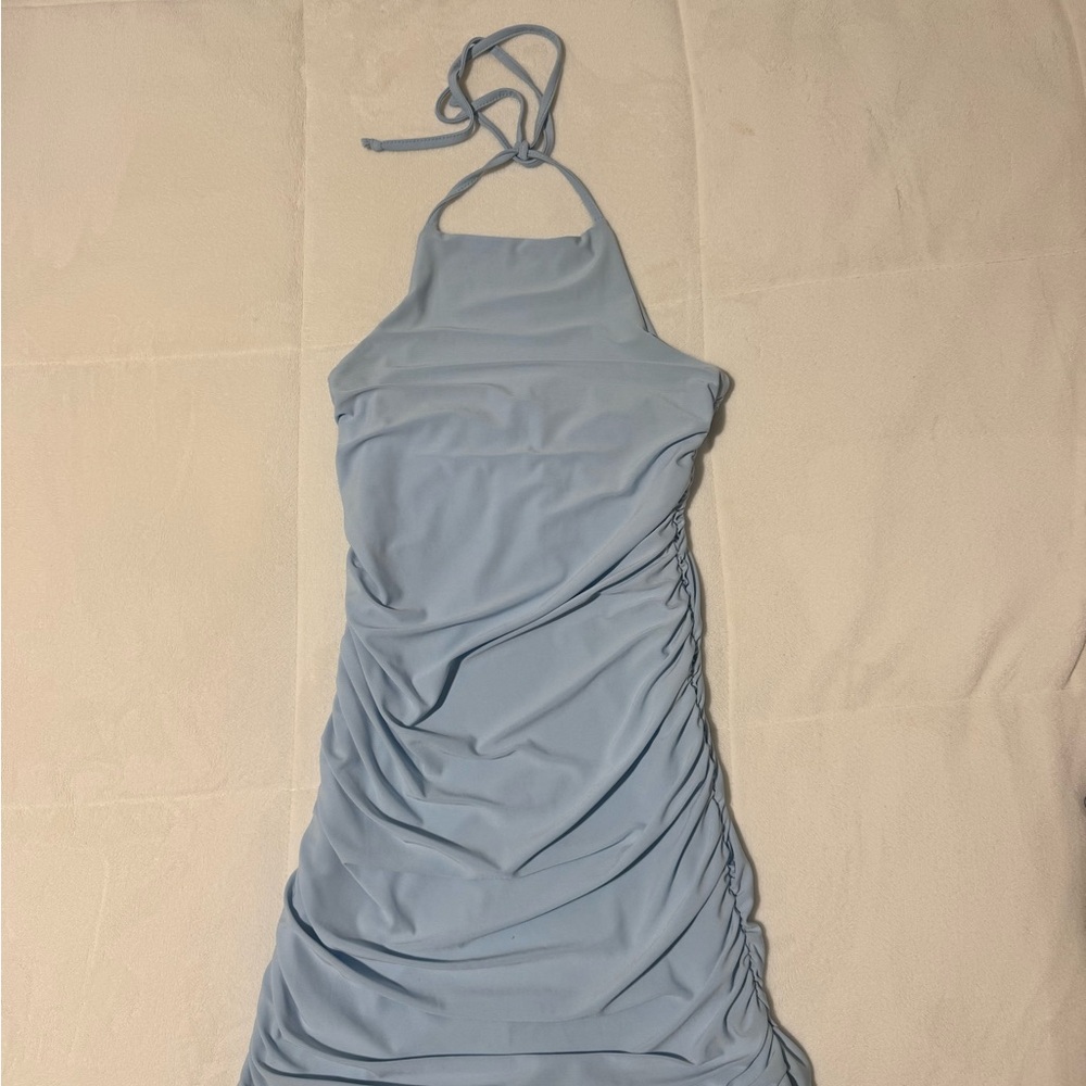 Elegant Blue Halter Mini Dress
